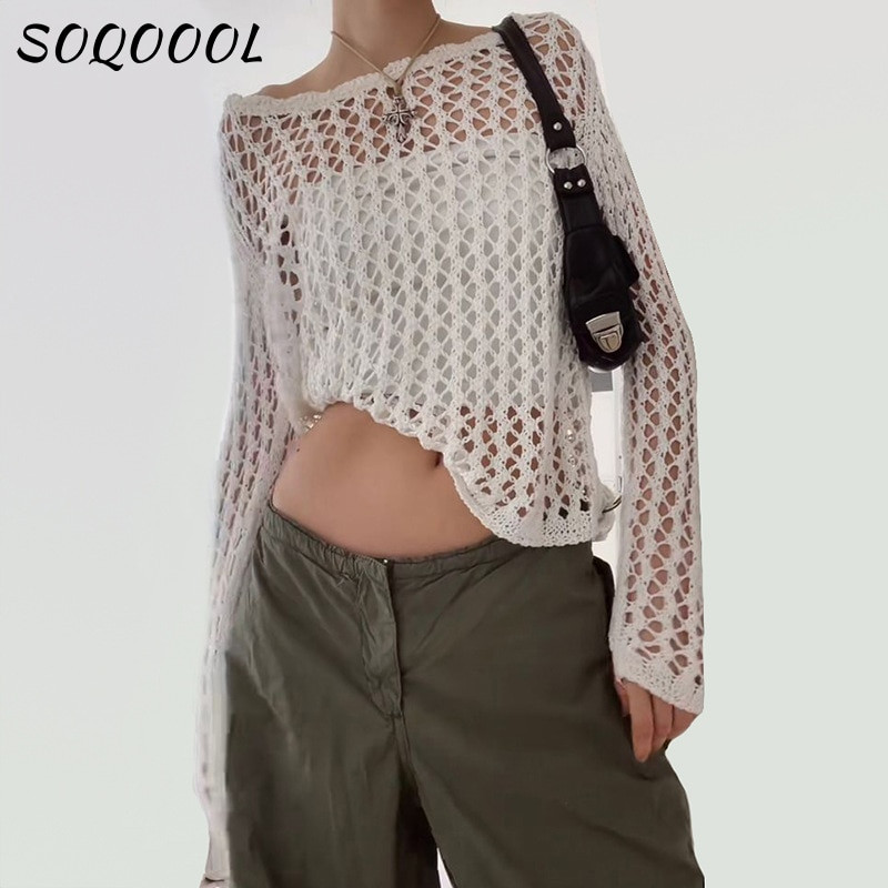 Vintage labavi izdubljeni pleteni puloveri Ženska ležerna Y2K odjeća 2022. Majice s kratkim rukavima Ljetne majice Puloveri Fairycore Grunge Pletiva