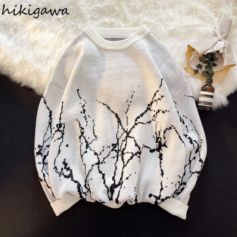 Hikigawa japāņu džemperi Sieviešu apģērbi Vintage Harajuku Lielizmēra topi Modes Pulovers Streetwear Gothic Print Melns džemperis