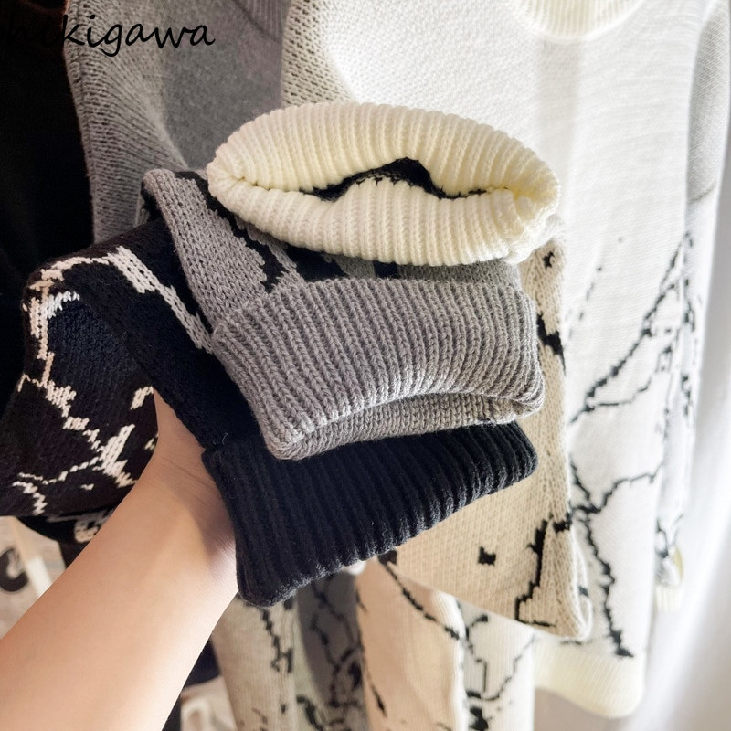 Hikigawa japāņu džemperi Sieviešu apģērbi Vintage Harajuku Lielizmēra topi Modes Pulovers Streetwear Gothic Print Melns džemperis