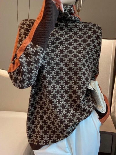 2022-es téli női garbós pulóver, meleg pulóver, ingázó elegáns felső, laza, alkalmi női felső, retro kontraszt színű