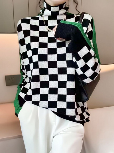 2022-es téli női garbós pulóver, meleg pulóver, ingázó elegáns felső, laza, alkalmi női felső, retro kontraszt színű