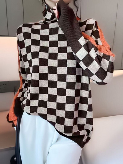 2022-es téli női garbós pulóver, meleg pulóver, ingázó elegáns felső, laza, alkalmi női felső, retro kontraszt színű