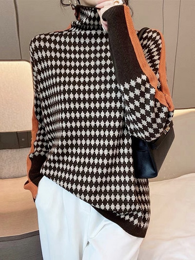 2022-es téli női garbós pulóver, meleg pulóver, ingázó elegáns felső, laza, alkalmi női felső, retro kontraszt színű