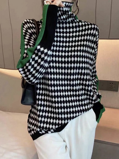 2022-es téli női garbós pulóver, meleg pulóver, ingázó elegáns felső, laza, alkalmi női felső, retro kontraszt színű