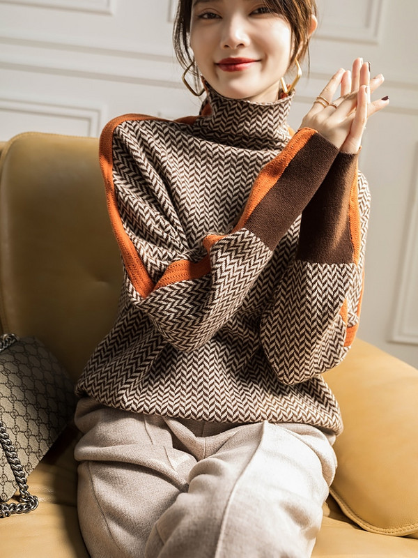 2022-es téli női garbós pulóver, meleg pulóver, ingázó elegáns felső, laza, alkalmi női felső, retro kontraszt színű