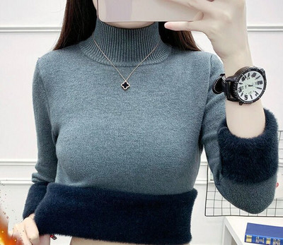 Sieviešu 2022. gada ziemas trikotāžas džemperis ar korejiešu apkakli Slim Thicken Plus samta džemperi, ikdienas trikotāžas topi ar flīsa oderi