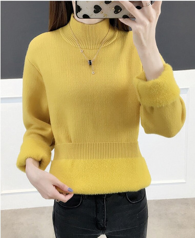 Sieviešu 2022. gada ziemas trikotāžas džemperis ar korejiešu apkakli Slim Thicken Plus samta džemperi, ikdienas trikotāžas topi ar flīsa oderi