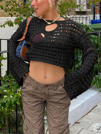 Gudrs un psycho Y2K dobs, apgriezts trikotāžas trikotāžas tops Vintage, vaļīgs, satraukts tamborēšanas džemperi ikdienišķs, elegants, apgriezts audums