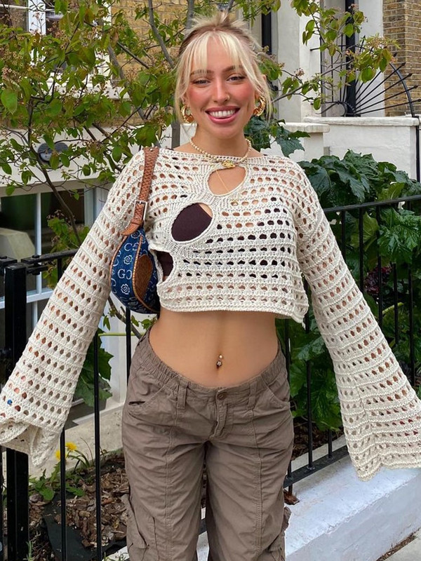 Gudrs un psycho Y2K dobs, apgriezts trikotāžas trikotāžas tops Vintage, vaļīgs, satraukts tamborēšanas džemperi ikdienišķs, elegants, apgriezts audums