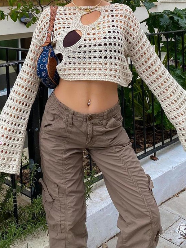 Gudrs un psycho Y2K dobs, apgriezts trikotāžas trikotāžas tops Vintage, vaļīgs, satraukts tamborēšanas džemperi ikdienišķs, elegants, apgriezts audums