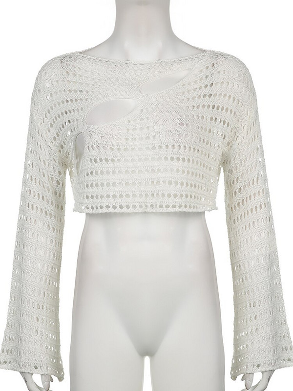 Gudrs un psycho Y2K dobs, apgriezts trikotāžas trikotāžas tops Vintage, vaļīgs, satraukts tamborēšanas džemperi ikdienišķs, elegants, apgriezts audums