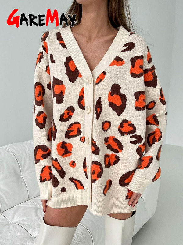 Ziemas bēša leoparda raksta jaka sievietēm ar pogām Lielizmēra jaka brīva zaļa bieza, silta trikotāžas jaka sievietēm 2022