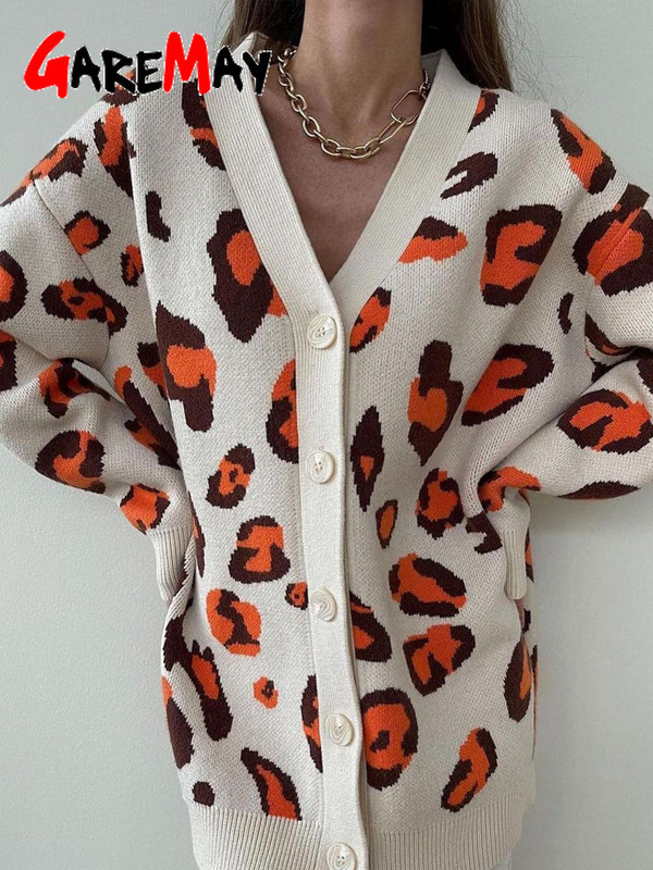 Ziemas bēša leoparda raksta jaka sievietēm ar pogām Lielizmēra jaka brīva zaļa bieza, silta trikotāžas jaka sievietēm 2022