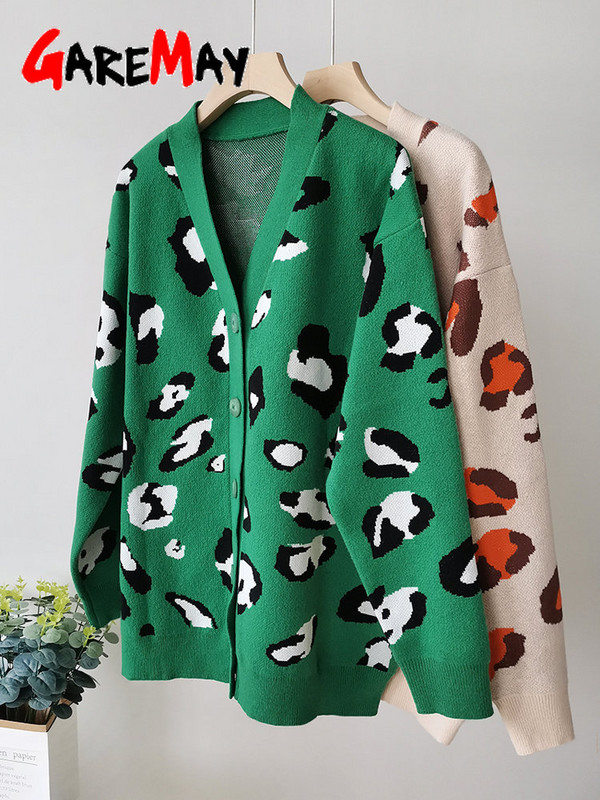 Ziemas bēša leoparda raksta jaka sievietēm ar pogām Lielizmēra jaka brīva zaļa bieza, silta trikotāžas jaka sievietēm 2022