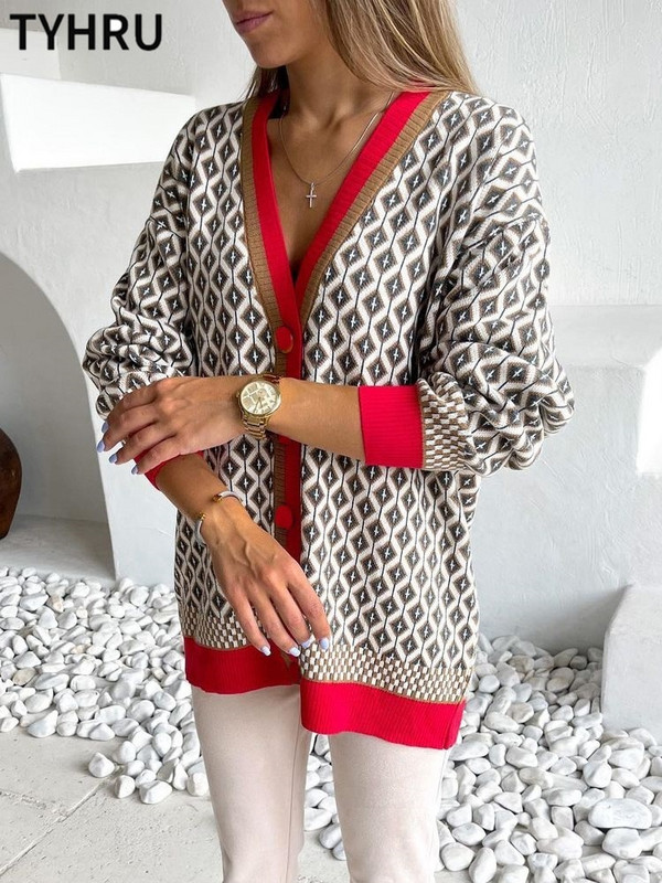 TYHRU sieviešu trikotāžas džemperis Krāsai atbilstošs dimanta režģis ar vienrindas pogas, brīvi ikdienas trikotāžas džemperi