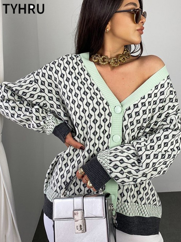 TYHRU sieviešu trikotāžas džemperis Krāsai atbilstošs dimanta režģis ar vienrindas pogas, brīvi ikdienas trikotāžas džemperi