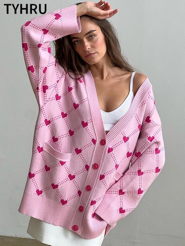 TYHRU sieviešu trikotāžas džemperis Krāsai atbilstošs dimanta režģis ar vienrindas pogas, brīvi ikdienas trikotāžas džemperi