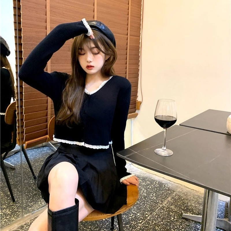 Melns jaciņš Sieviešu elegants vintage rudens slaids koledžas meiteņu apgriezts trikotāžas apģērbs, kas atbilst Ulzzang, vienkāršs, stilīgs sieviešu džemperis Basic