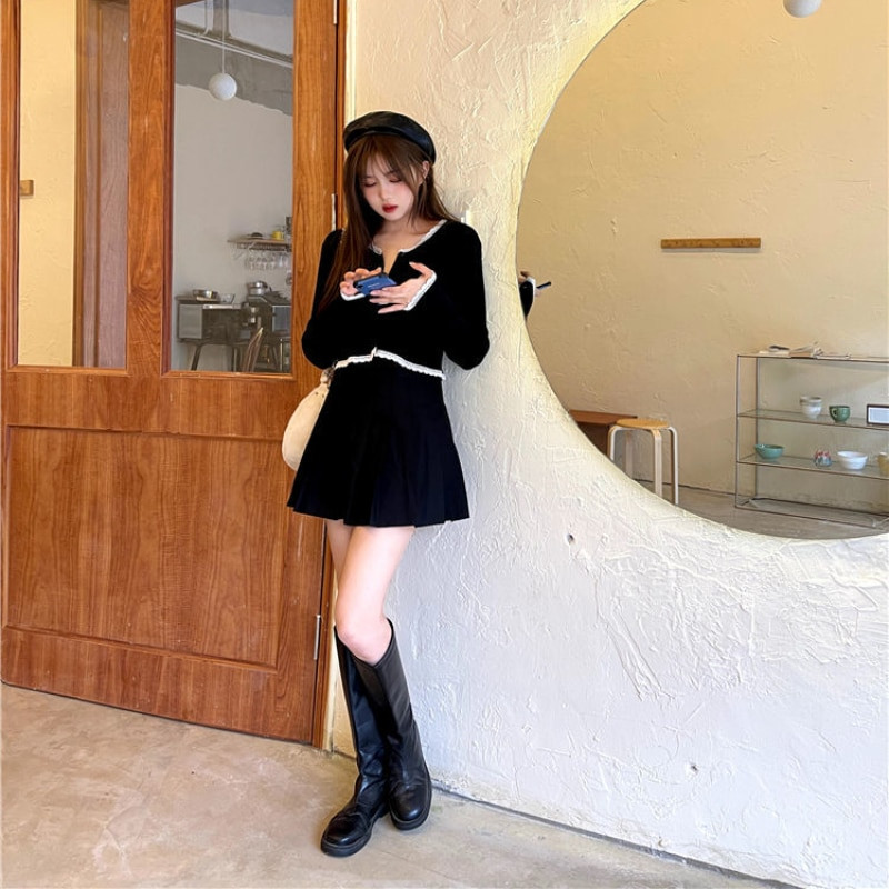 Melns jaciņš Sieviešu elegants vintage rudens slaids koledžas meiteņu apgriezts trikotāžas apģērbs, kas atbilst Ulzzang, vienkāršs, stilīgs sieviešu džemperis Basic