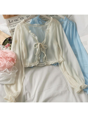 Γυναικείο καλοκαιρινό παλτό με αντηλιακή προστασία Δαντέλα με βολάν Ζακέτα πουκάμισο Γυναικεία μπλούζα μπλούζα για γυναικεία καλύμματα Blusa λευκό κορεάτικο πουκάμισο Y2K