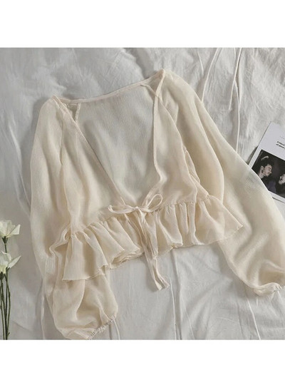 Sieviešu vasaras saules aizsargmētelis mežģīņu bantes volāniem jaciņa krekls sieviešu blūzes topi sievietēm pārvalki Blusa balts Y2K korejiešu krekls