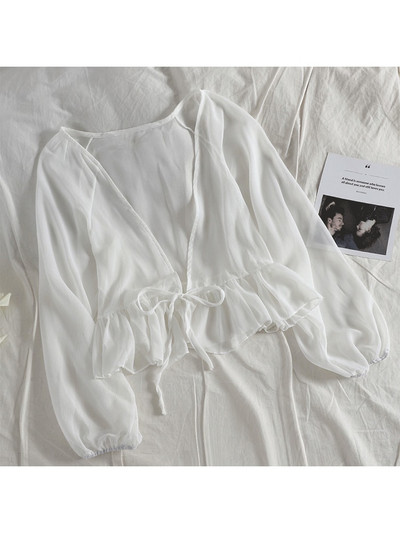 Sieviešu vasaras saules aizsargmētelis mežģīņu bantes volāniem jaciņa krekls sieviešu blūzes topi sievietēm pārvalki Blusa balts Y2K korejiešu krekls