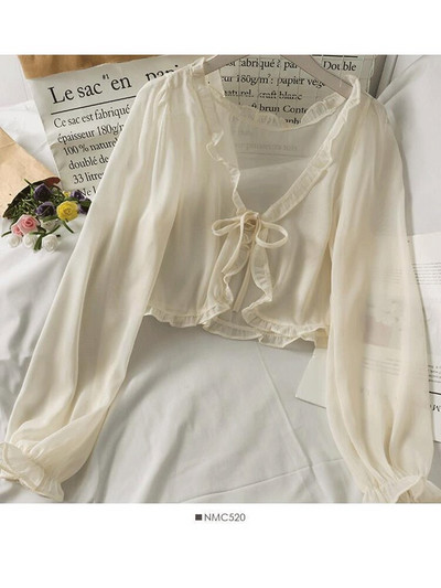 Sieviešu vasaras saules aizsargmētelis mežģīņu bantes volāniem jaciņa krekls sieviešu blūzes topi sievietēm pārvalki Blusa balts Y2K korejiešu krekls