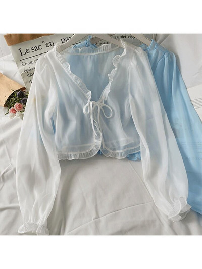 Sieviešu vasaras saules aizsargmētelis mežģīņu bantes volāniem jaciņa krekls sieviešu blūzes topi sievietēm pārvalki Blusa balts Y2K korejiešu krekls
