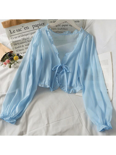 Sieviešu vasaras saules aizsargmētelis mežģīņu bantes volāniem jaciņa krekls sieviešu blūzes topi sievietēm pārvalki Blusa balts Y2K korejiešu krekls