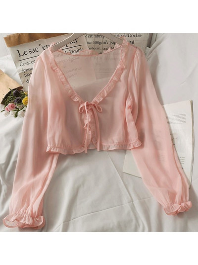 Sieviešu vasaras saules aizsargmētelis mežģīņu bantes volāniem jaciņa krekls sieviešu blūzes topi sievietēm pārvalki Blusa balts Y2K korejiešu krekls