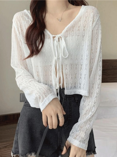 Sieviešu vasaras saules aizsargmētelis mežģīņu bantes volāniem jaciņa krekls sieviešu blūzes topi sievietēm pārvalki Blusa balts Y2K korejiešu krekls