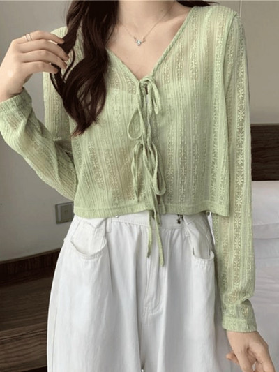 Sieviešu vasaras saules aizsargmētelis mežģīņu bantes volāniem jaciņa krekls sieviešu blūzes topi sievietēm pārvalki Blusa balts Y2K korejiešu krekls