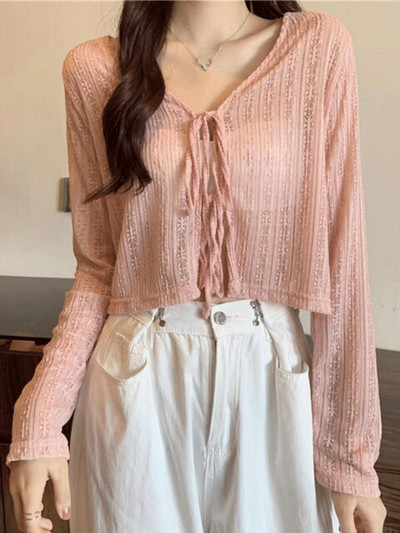 Sieviešu vasaras saules aizsargmētelis mežģīņu bantes volāniem jaciņa krekls sieviešu blūzes topi sievietēm pārvalki Blusa balts Y2K korejiešu krekls