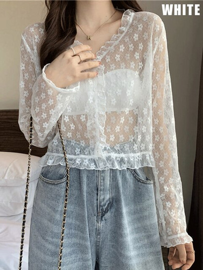 Sieviešu vasaras saules aizsargmētelis mežģīņu bantes volāniem jaciņa krekls sieviešu blūzes topi sievietēm pārvalki Blusa balts Y2K korejiešu krekls