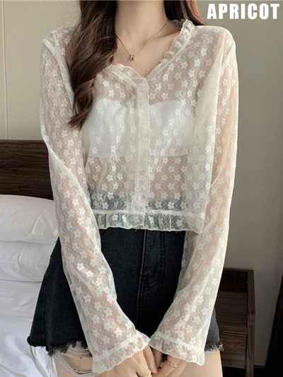 Sieviešu vasaras saules aizsargmētelis mežģīņu bantes volāniem jaciņa krekls sieviešu blūzes topi sievietēm pārvalki Blusa balts Y2K korejiešu krekls