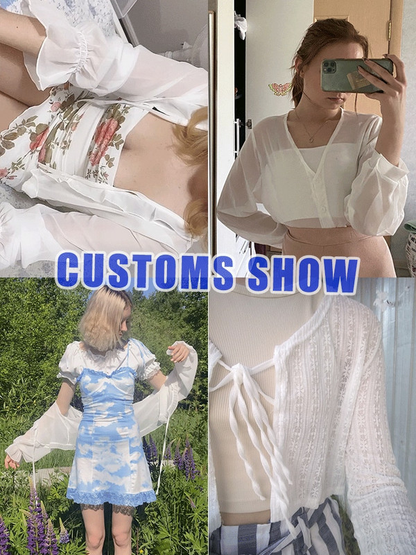 Sieviešu vasaras saules aizsargmētelis mežģīņu bantes volāniem jaciņa krekls sieviešu blūzes topi sievietēm pārvalki Blusa balts Y2K korejiešu krekls