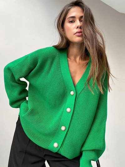 Ženski jednobojni džemper s V-izrezom Elegantni džemper s jednim kopčanjem dugih rukava 2022. Jesen-zima Ženski ulični kardigani