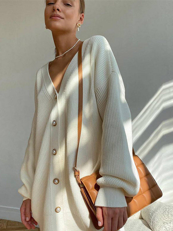 Ženski jednobojni džemper s V-izrezom Elegantni džemper s jednim kopčanjem dugih rukava 2022. Jesen-zima Ženski ulični kardigani