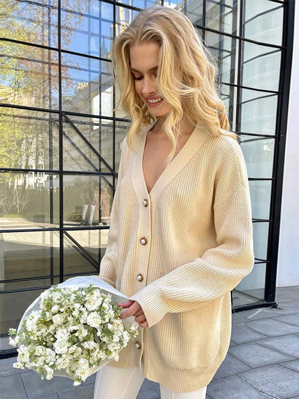 Ženski jednobojni džemper s V-izrezom Elegantni džemper s jednim kopčanjem dugih rukava 2022. Jesen-zima Ženski ulični kardigani