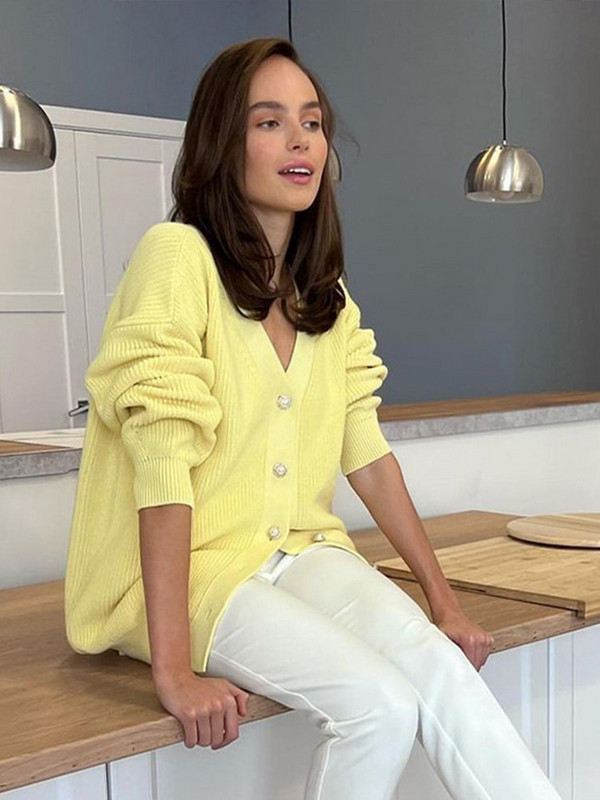 Ženski jednobojni džemper s V-izrezom Elegantni džemper s jednim kopčanjem dugih rukava 2022. Jesen-zima Ženski ulični kardigani