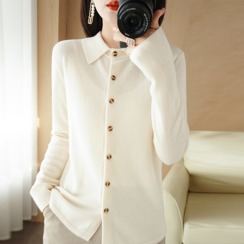 Sieviešu vilnas trikotāžas jaka jaka brīva polo apkakles džemperis ārējā vienkrāsainā poga Trikotāžas krekls džemperis franču 2022. gada jaunais pavasaris