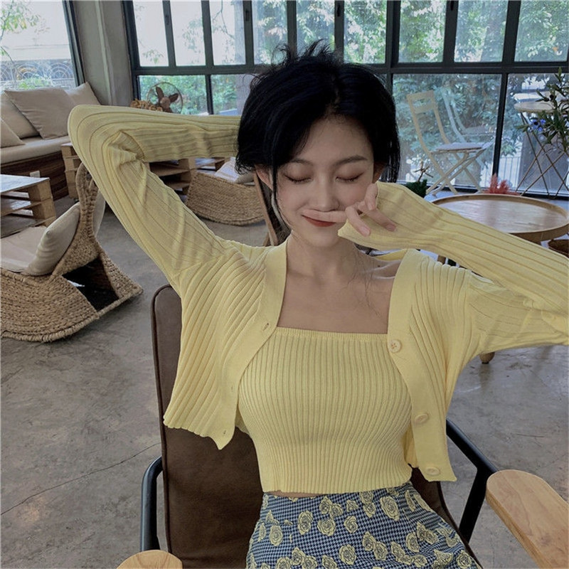 Korejas stila divdaļīgs komplekts sieviešu jaciņam, rudens konfektes krāsā ar garām piedurknēm, rievotu trikotāžas džemperis un pieskaņota veste