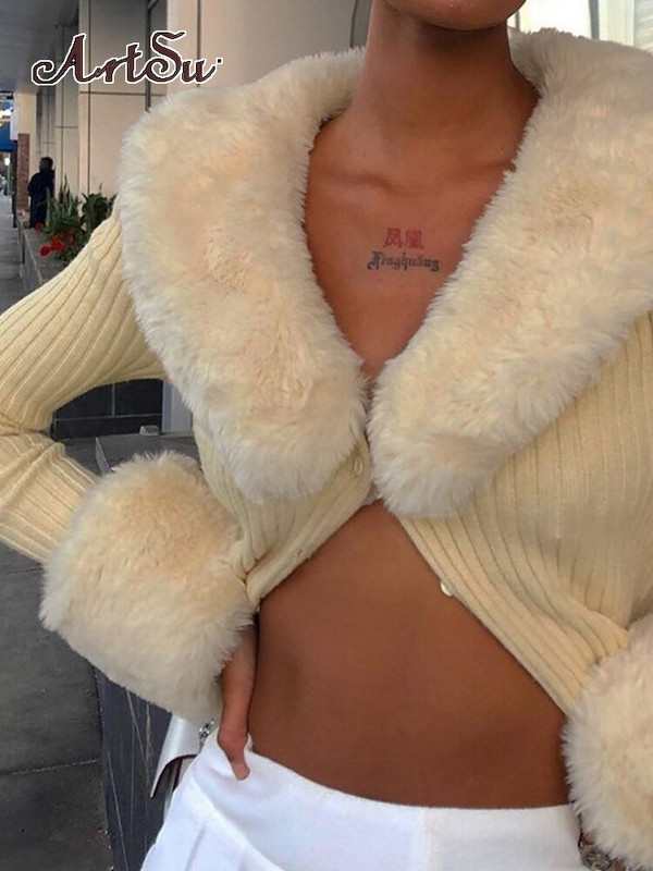 Artsu rievoti trikotāžas džemperi ar kažokādu apkakli garām piedurknēm, tievi rudens ziemas džemperi sieviešu trikotāžas šiks 42015