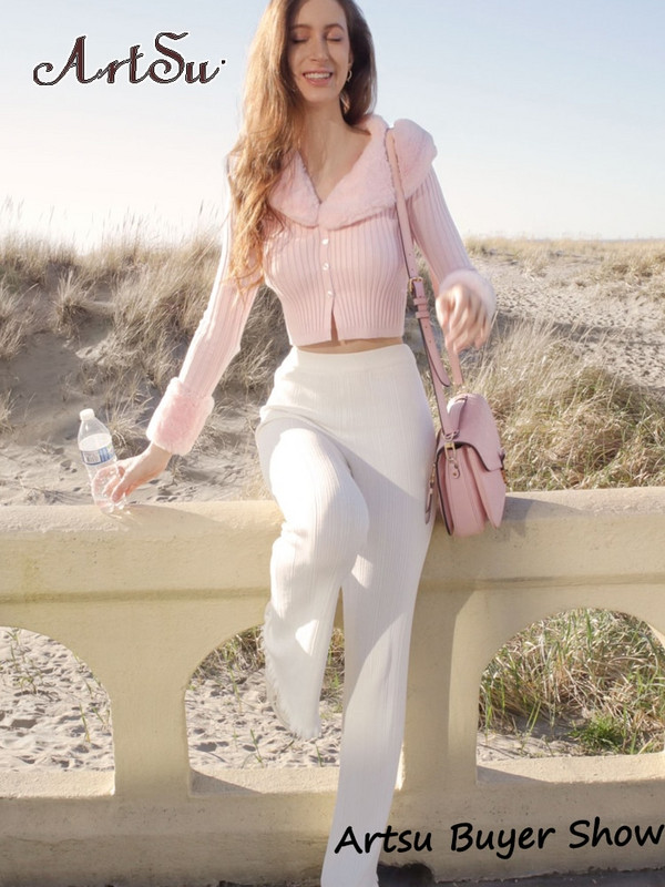 Artsu rievoti trikotāžas džemperi ar kažokādu apkakli garām piedurknēm, tievi rudens ziemas džemperi sieviešu trikotāžas šiks 42015