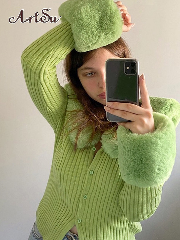 Artsu rievoti trikotāžas džemperi ar kažokādu apkakli garām piedurknēm, tievi rudens ziemas džemperi sieviešu trikotāžas šiks 42015