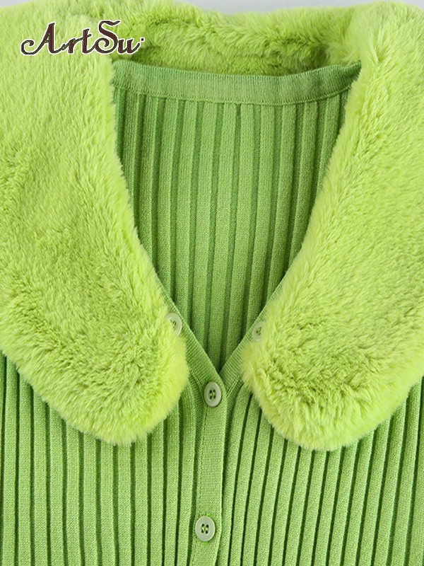 Artsu rievoti trikotāžas džemperi ar kažokādu apkakli garām piedurknēm, tievi rudens ziemas džemperi sieviešu trikotāžas šiks 42015