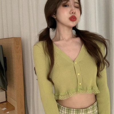 Rozā, melna, zaļa, melna sieviešu jakas 2020. gada modes plāns sieviešu trikotāžas džemperis Crop Tops ar garām piedurknēm pogām