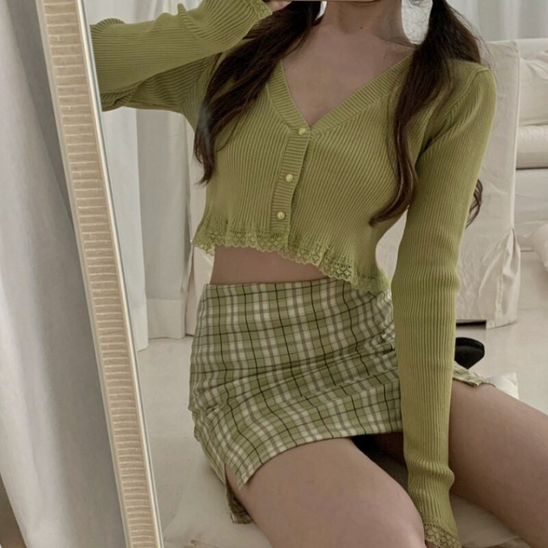 Rozā, melna, zaļa, melna sieviešu jakas 2020. gada modes plāns sieviešu trikotāžas džemperis Crop Tops ar garām piedurknēm pogām