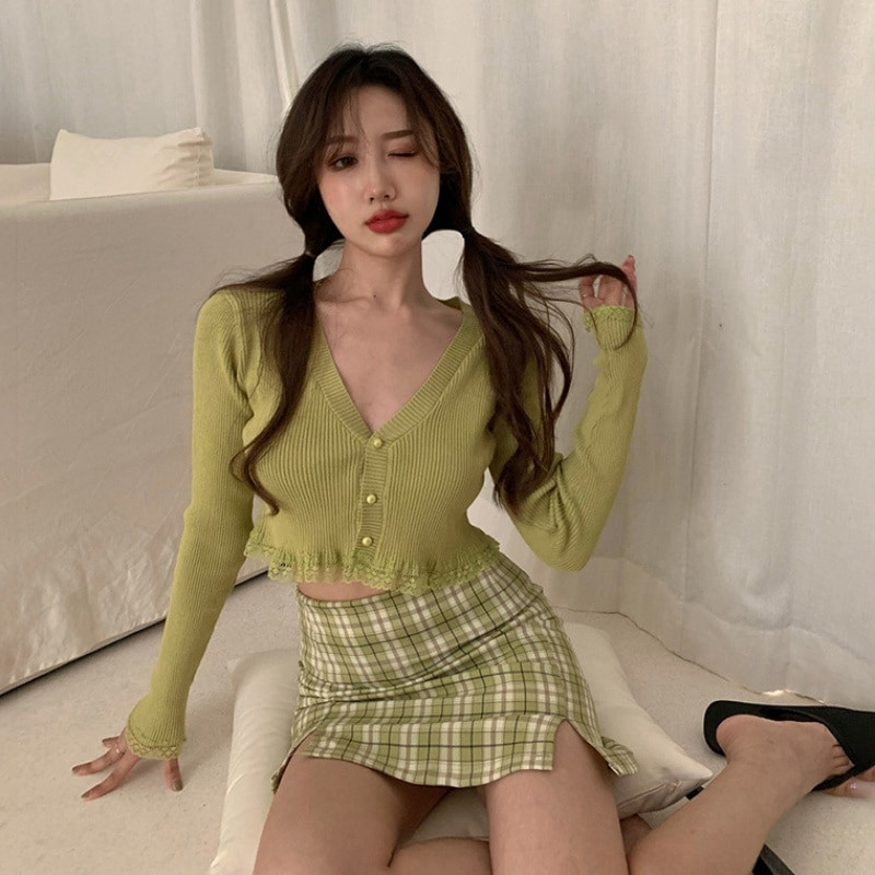 Rozā, melna, zaļa, melna sieviešu jakas 2020. gada modes plāns sieviešu trikotāžas džemperis Crop Tops ar garām piedurknēm pogām