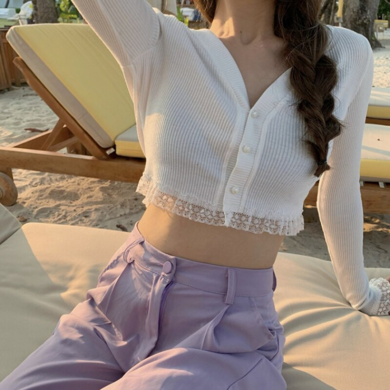 Rozā, melna, zaļa, melna sieviešu jakas 2020. gada modes plāns sieviešu trikotāžas džemperis Crop Tops ar garām piedurknēm pogām